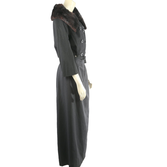 Kennie Belted Black Wool Skirt Suit Mink Fur Collar Jacket Vintage Set Size S - Picture 12 of 16